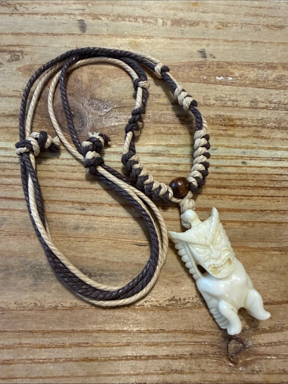 Vintage Brown Rope Cream Carved Tiki Tribal Pendant Statement Necklace
